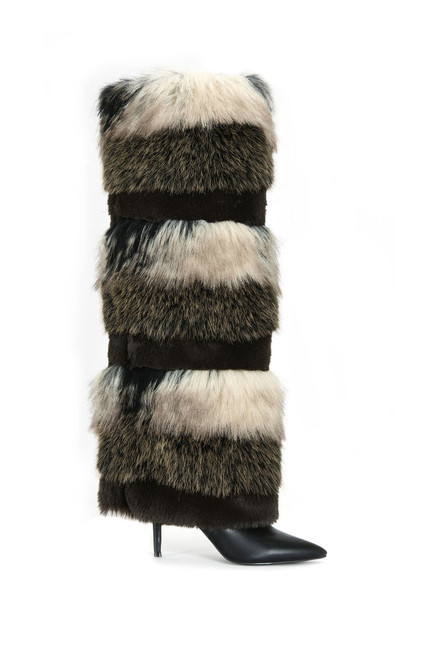 AZALEA WANG Women's Langlau Brown Colorblock Faux Fur Stiletto Boots - 0580611590048