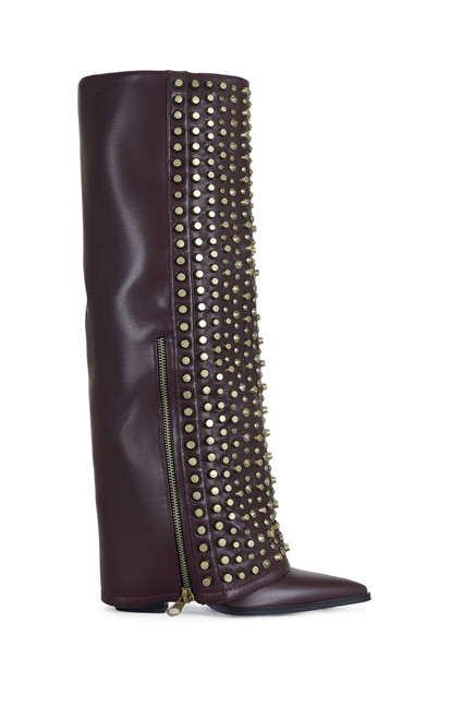 AZALEA WANG Women's Agustue Burgundy Studded Faux Leather Knee High Boots - 0580611590055