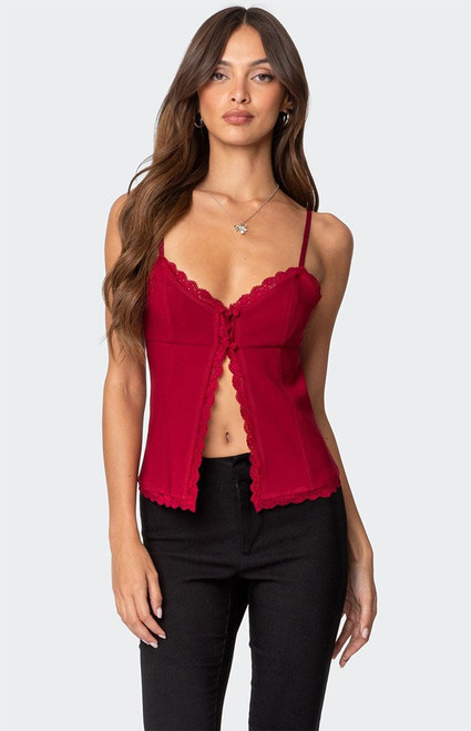 Edikted Women's Crimson Lacey Split Front Top - 0712609690289
