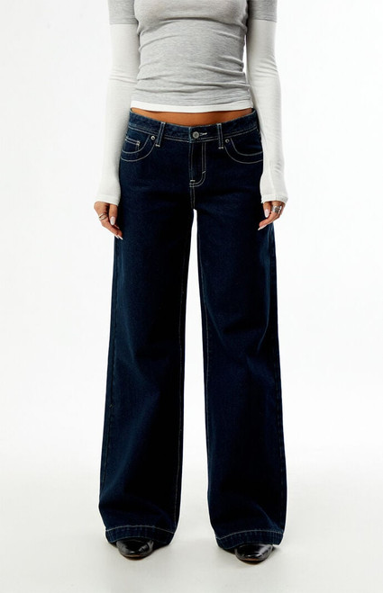 Pacsun Women's Casey Low Rise Baggy Jeans Dark Blue Contrast Stitch - 0860242100006