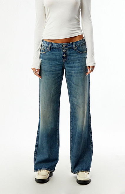 Pacsun Women's Zoe Low Rise Girlfriend Jeans Ripped Exposed Button Medium Blue - 0860454210405