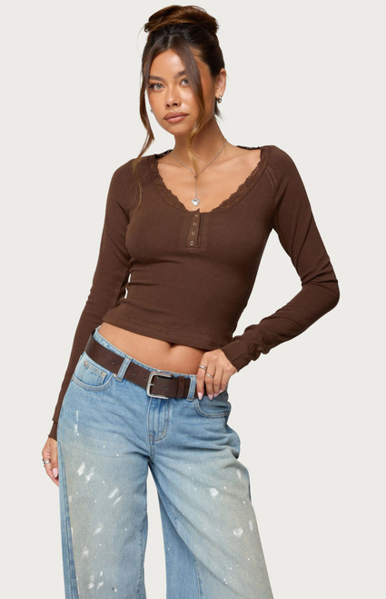 Edikted Women's Shanah Lacey Henley Top - 0731609691398