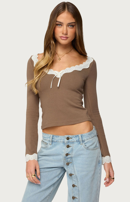 Edikted Women's Contrast Lacey Long Sleeve Top - 0731609691407
