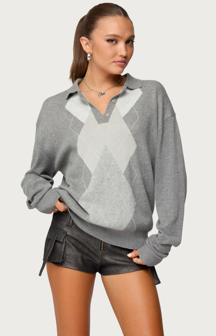 Edikted Women's Kati Argyle Oversized Polo Sweater - 0740609690298