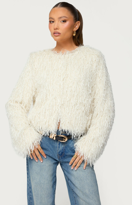 Edikted Women's Aleandra Fringed Faux Feather Jacket - 0760609690091