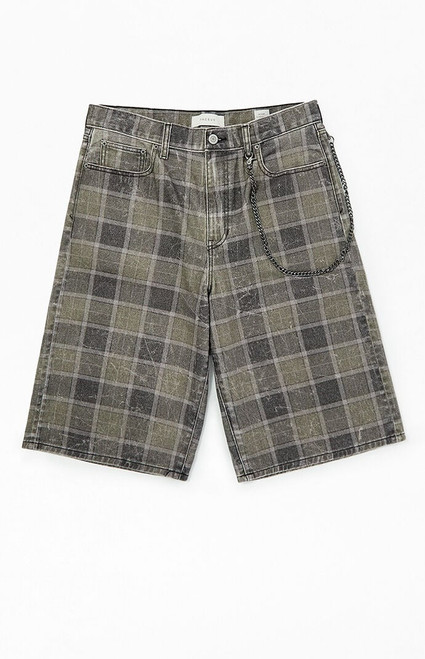 Pacsun Men's Blaine Ultra Baggy Denim Shorts Chain Plaid Gray - 0170454210033
