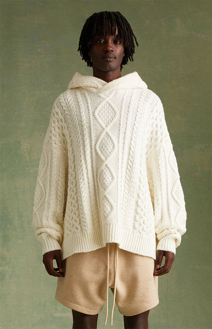 Fear of God ESSENTIALS Men's Cloud Dancer Cable Knit Hoodie - 0192508520076259