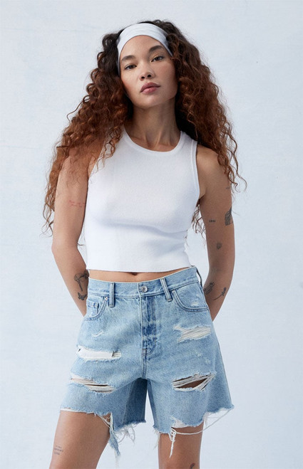 Pacsun Women's Eco Light Indigo Ripped High Waisted Relaxed Jorts - 0829602840029