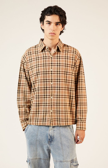 Pacsun Men's Tan Washed Cropped Flannel Shirt - 0183250500157
