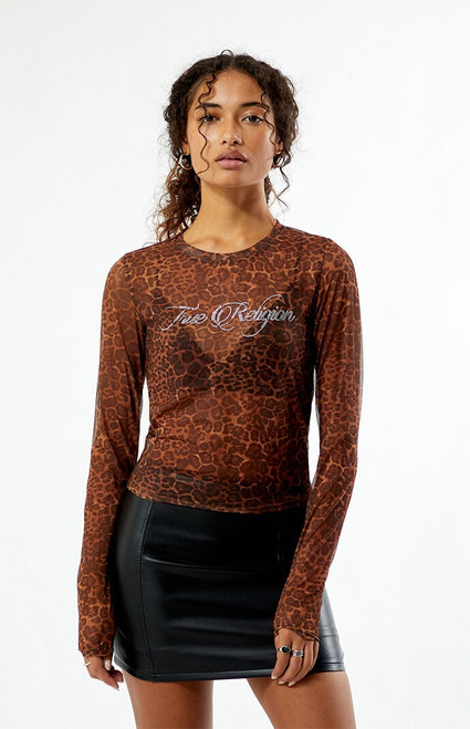 True Religion Women's Leopard Rhinestone Mesh Long Sleeve Top - 0702609780016