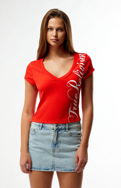True Religion Women's Ribbed Cap Sleeve V-Neck T-Shirt - 0702609780036
