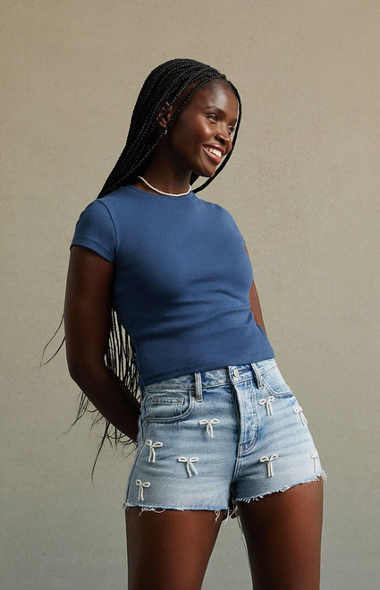 RARE DNM EDIT Women's Light Indigo Pearl Bow High Waisted Denim Festival Shorts - 0829604890041