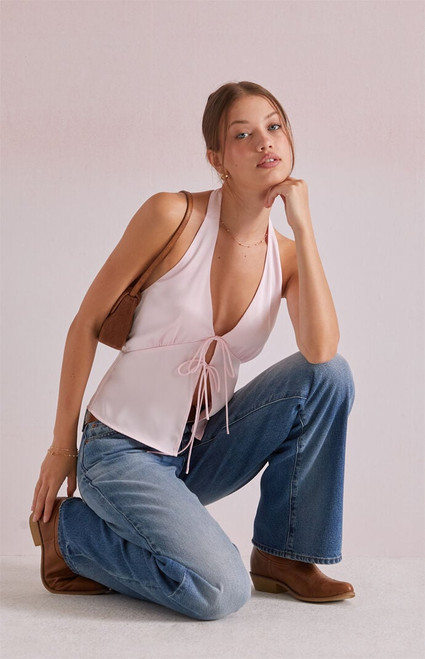 Beverly and Beck Women's Celine Satin Tie Front Halter Top - 0731471630080