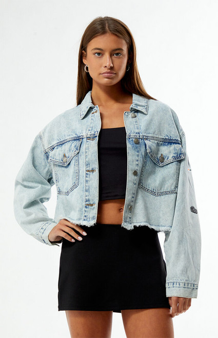 HYPE & VICE Women's Miami Hurricanes Frayed Cropped Denim Jacket - 0760610870002