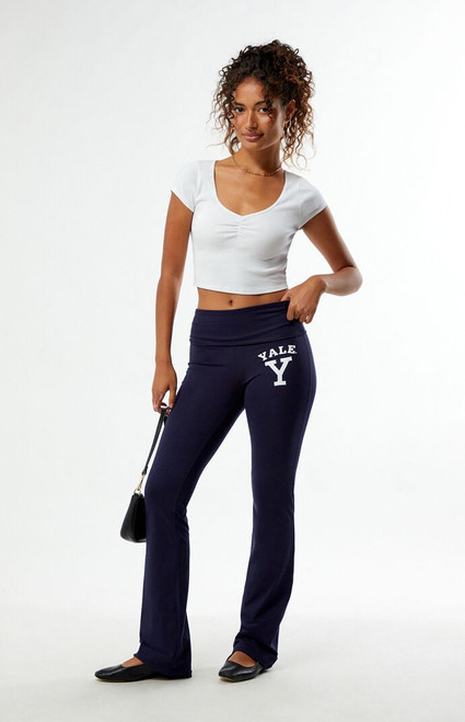 HYPE & VICE Women's Yale Bulldogs Fold-Over Yoga Pants - 0850610870006