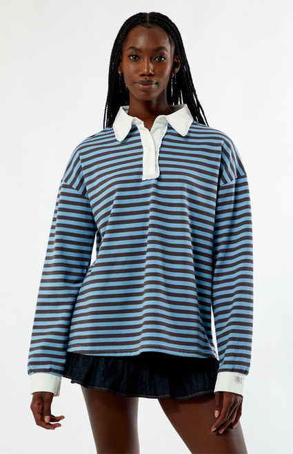 Daisy Street Women's Mona Striped Rugby Long Sleeve Top - 0731600250016
