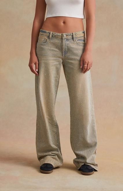 RARE DNM EDIT Women's Rhinestone Low Rise Baggy Jeans - 0860604890169