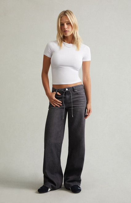 Pacsun Women's Casey Low Rise Baggy Jeans Glitter Drawstring Gray - 0860602180015