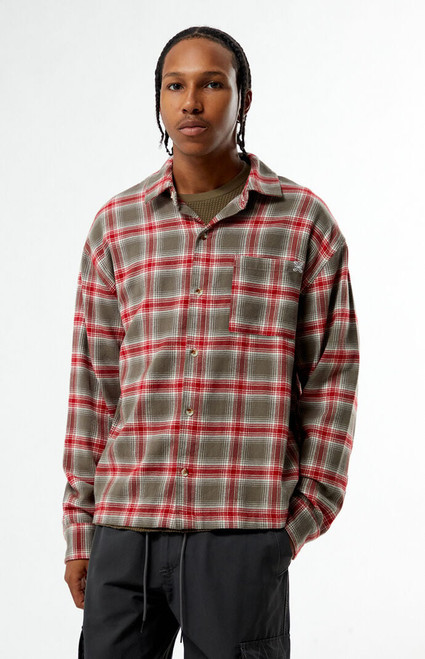 Pacsun Men's Grey & Red Plaid Long Sleeve Flannel Shirt - 0183611140012