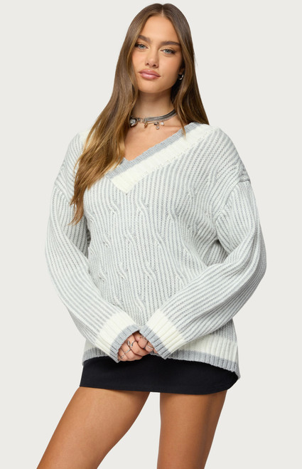 Edikted Women's Lila v Neck Cable Knit Sweater - 0740609690302