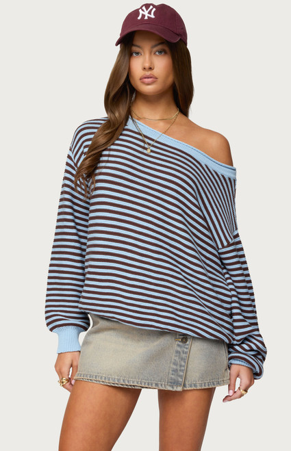 Edikted Women's Averi Striped Oversized Off-The-Shoulder Sweater - 0740609690306