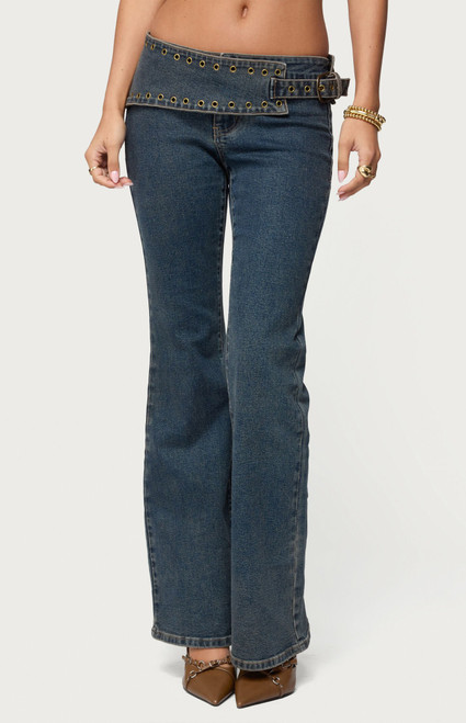 Edikted Women's Asymmetric Grommet Belt Low Rise Flare Jeans - 0860609690258