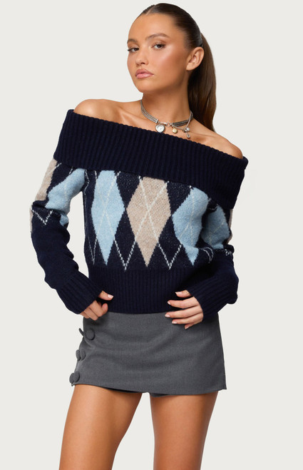 Edikted Women's Jakarie Argyle Foldover Sweater - 0740609690314