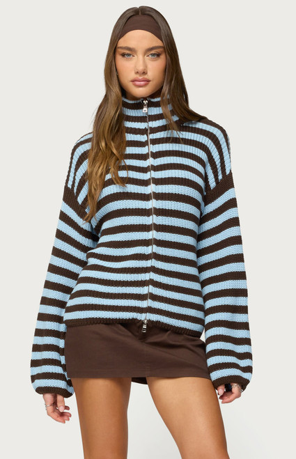 Edikted Women's High Neck Striped Zip Up Sweater - 0740609690321