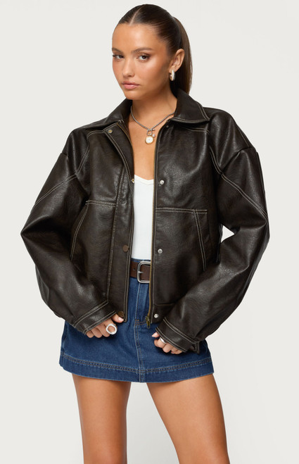Edikted Women's Jaxson Oversized Faux Leather Bomber Jacket - 0760609690096