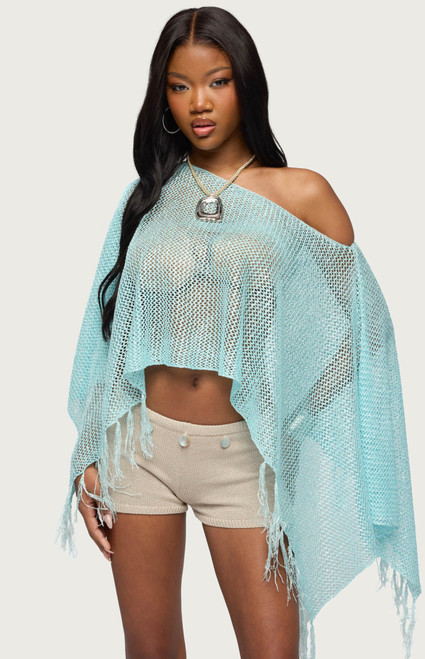 Edikted Women's Sequin Fringe Knit Poncho - 0263609690009