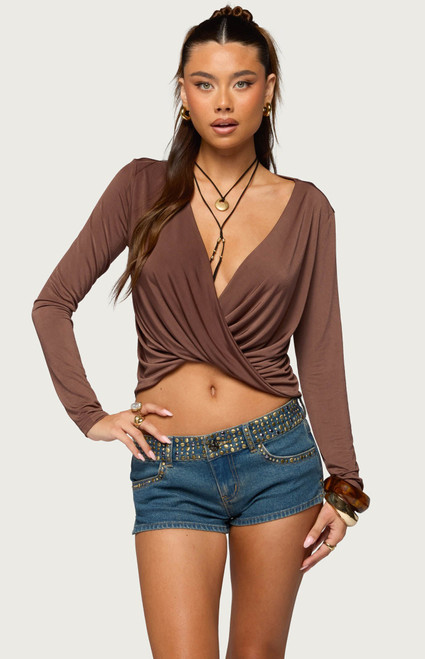 Edikted Women's Draped V Neck Long Sleeve Top - 0263609690023
