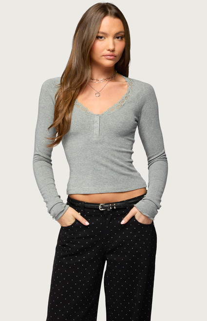 Edikted Women's Shanah Lacey Henley Top - 0263609690028