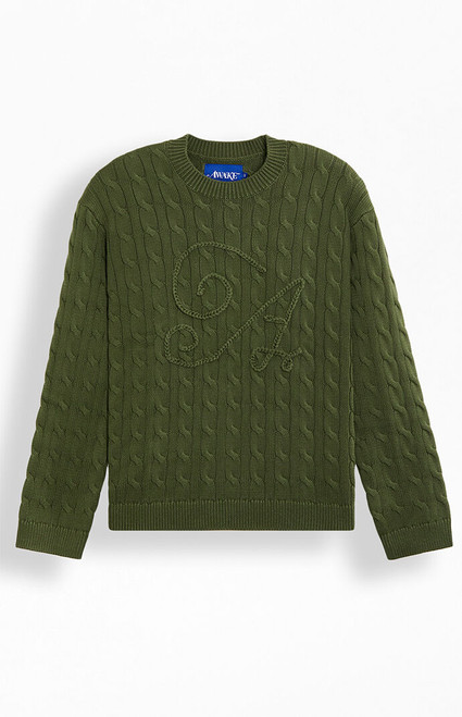Awake NY Men's Green Cable Knit Applique Crew Neck Sweater - 0202603440012