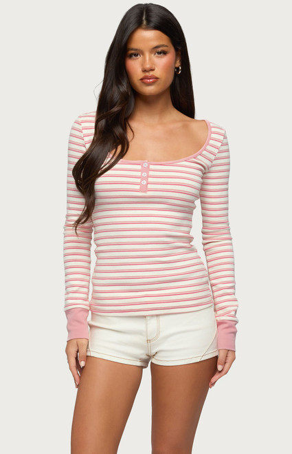Edikted Women's Jaida Striped Henley Top - 0263609690089