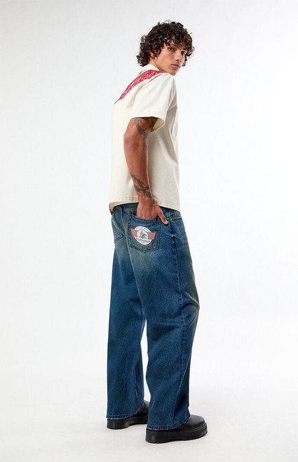 Budweiser Men's by Pacsun Dark Blue Claw Logo Baggy Jeans - 0135454210004