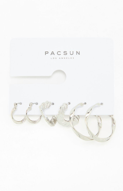 Pacsun Women's 3 Pack Silver Textured Hoop Earrings - 0656603660021