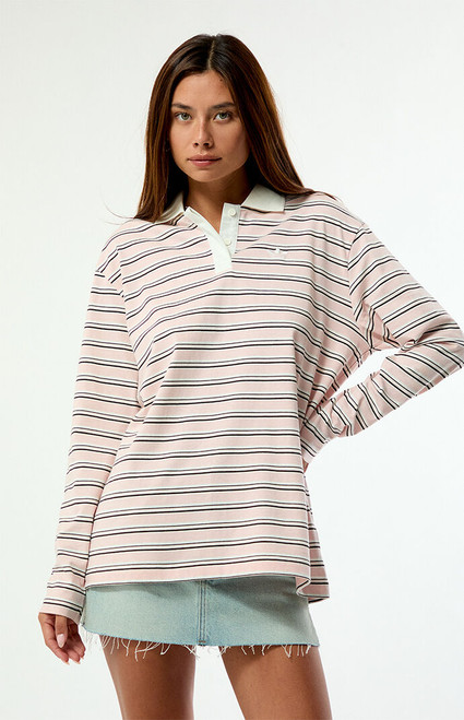 adidas Women's Striped Long Sleeve Oversized Polo Shirt - 0702000250025