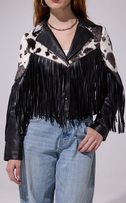 AZALEA WANG Women's Olandria Faux Leather Black Western Fringe Jacket - 0760611590058
