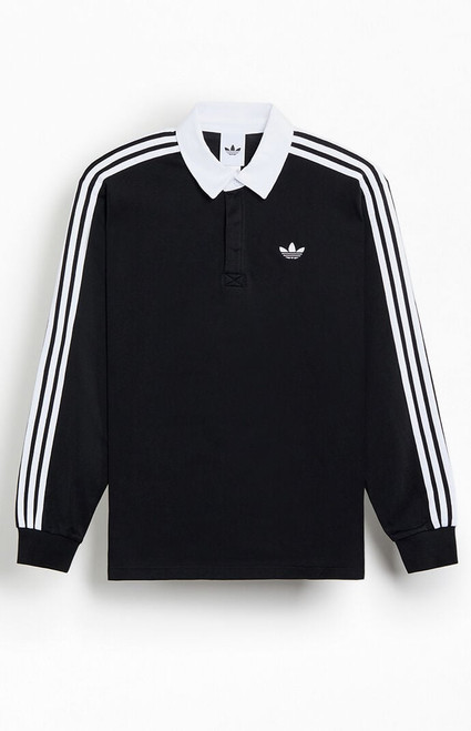 adidas Men's Black 3-Stripes Long Sleeve Polo Rugby Shirt - 0103000250028