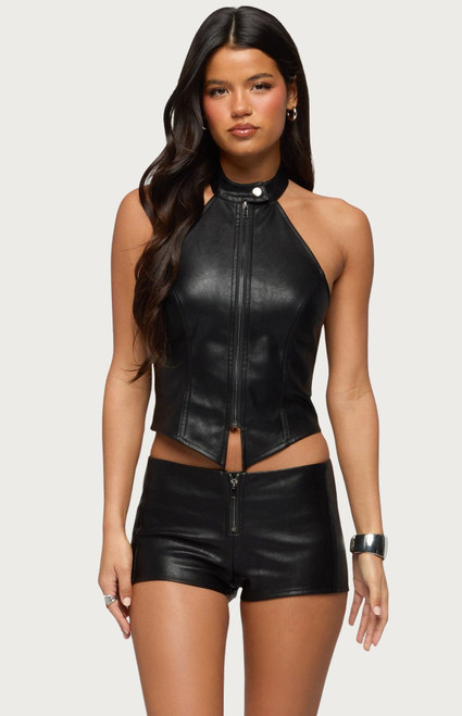 Edikted Women's Diana Zip Up Faux Leather Halter Top - 0263609690154