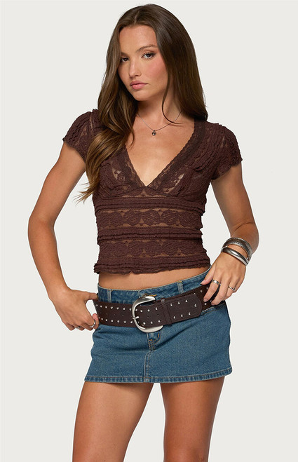 Edikted Women's Avalee Sheer Lace V Neck Top - 0263609690165