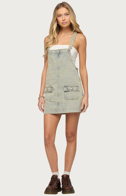 Edikted Women's Overall Denim Mini Dress - 0271609690042