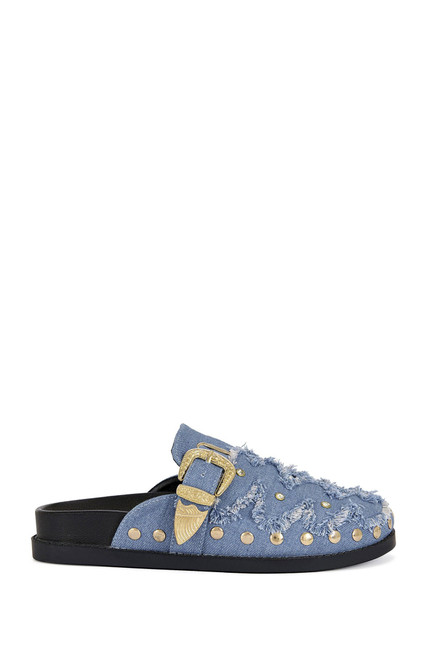 AZALEA WANG Women's Zale Studded Flat Denim Mules - 0275611590006