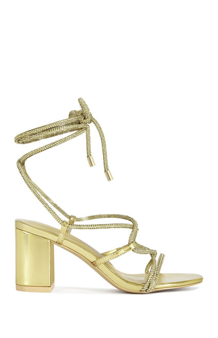 AZALEA WANG Women's Revani Gold Wrap Around Block Heels - 0275611590019