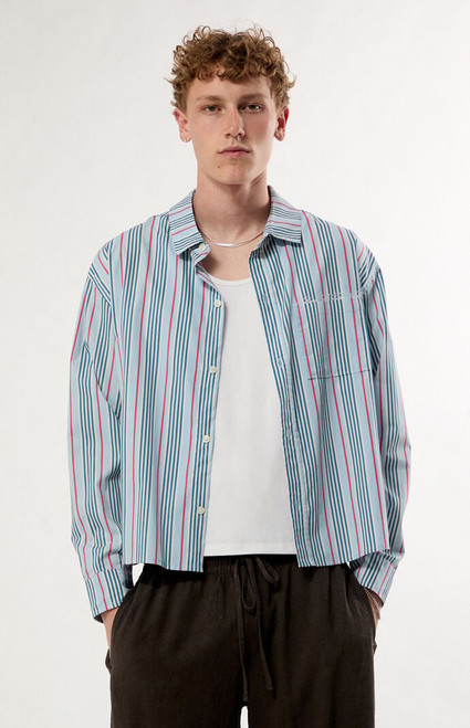 Pacsun Men's Blue Striped Noto Long Sleeve Cropped Shirt - 0183611140041