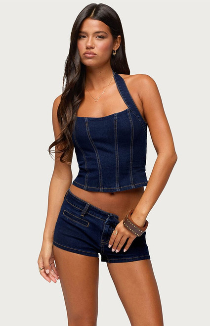 Edikted Women's Alita Stretchy Denim Halter Top - 0263609690226
