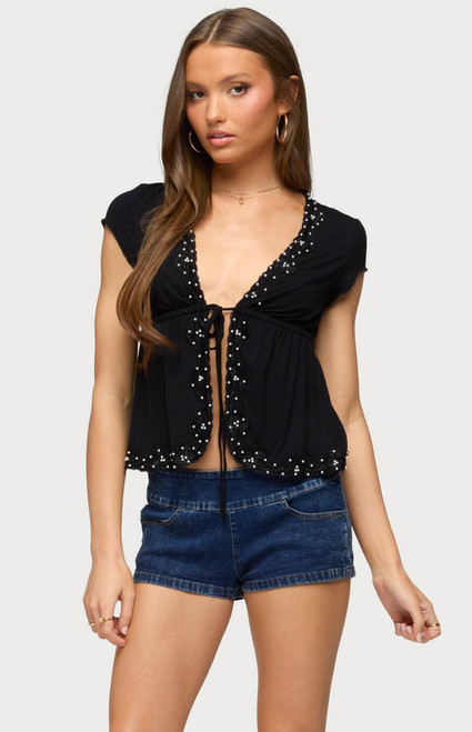 Edikted Women's Sepede Lacey Pearl Tie Front Top - 0263609690254