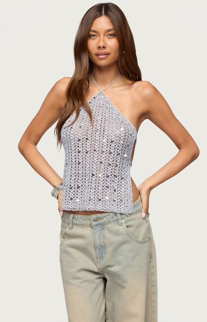 Edikted Women's Thaly Backless Sequin Crochet Halter Top - 0263609690255