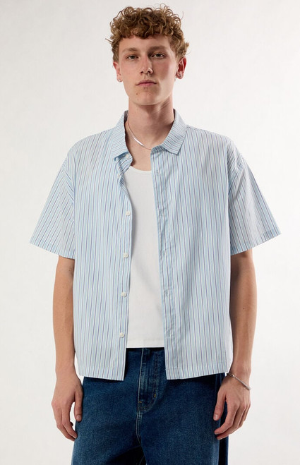 Pacsun Men's Blue Striped Boxy Short Sleeve Button Down Shirt - 0180611140086