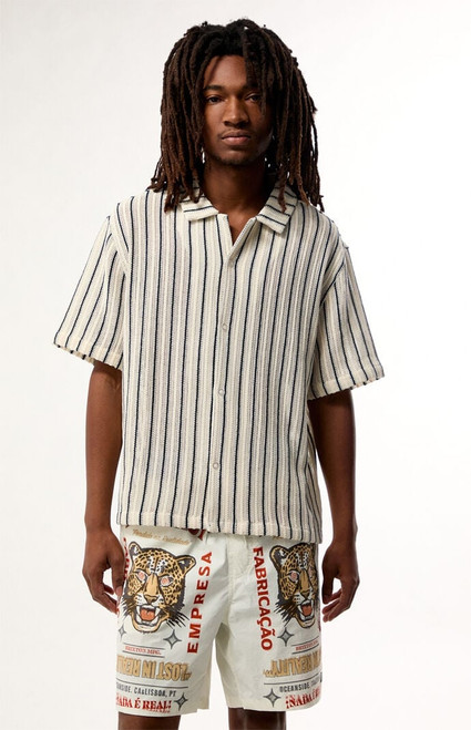 Pacsun Men's Cream Driftwood Striped Textured Camp Shirt - 0180468680021